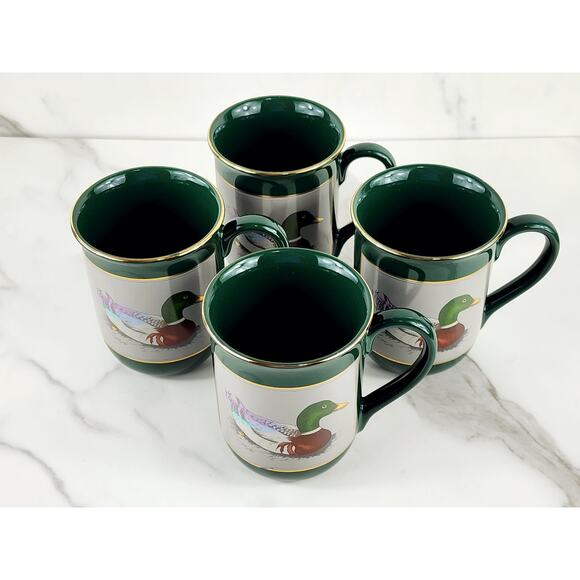 Otagiri Mallard Duck Coffee Mug Teacup 9oz Green Gold Trim Gibson 4" Japan x4 - Picture 2 of 16